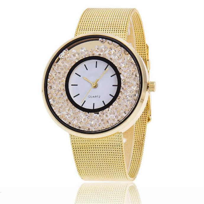 Round Wristwatch Stainless Analog Women Fashion Quartz Steel Rhinestone